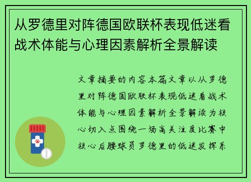 从罗德里对阵德国欧联杯表现低迷看战术体能与心理因素解析全景解读