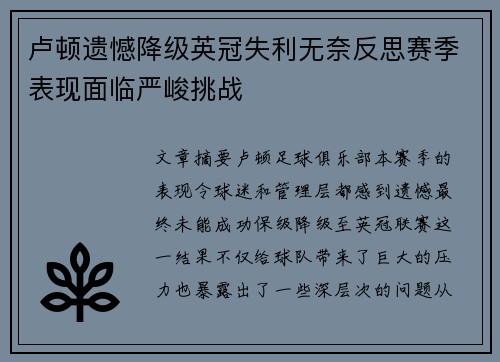 卢顿遗憾降级英冠失利无奈反思赛季表现面临严峻挑战